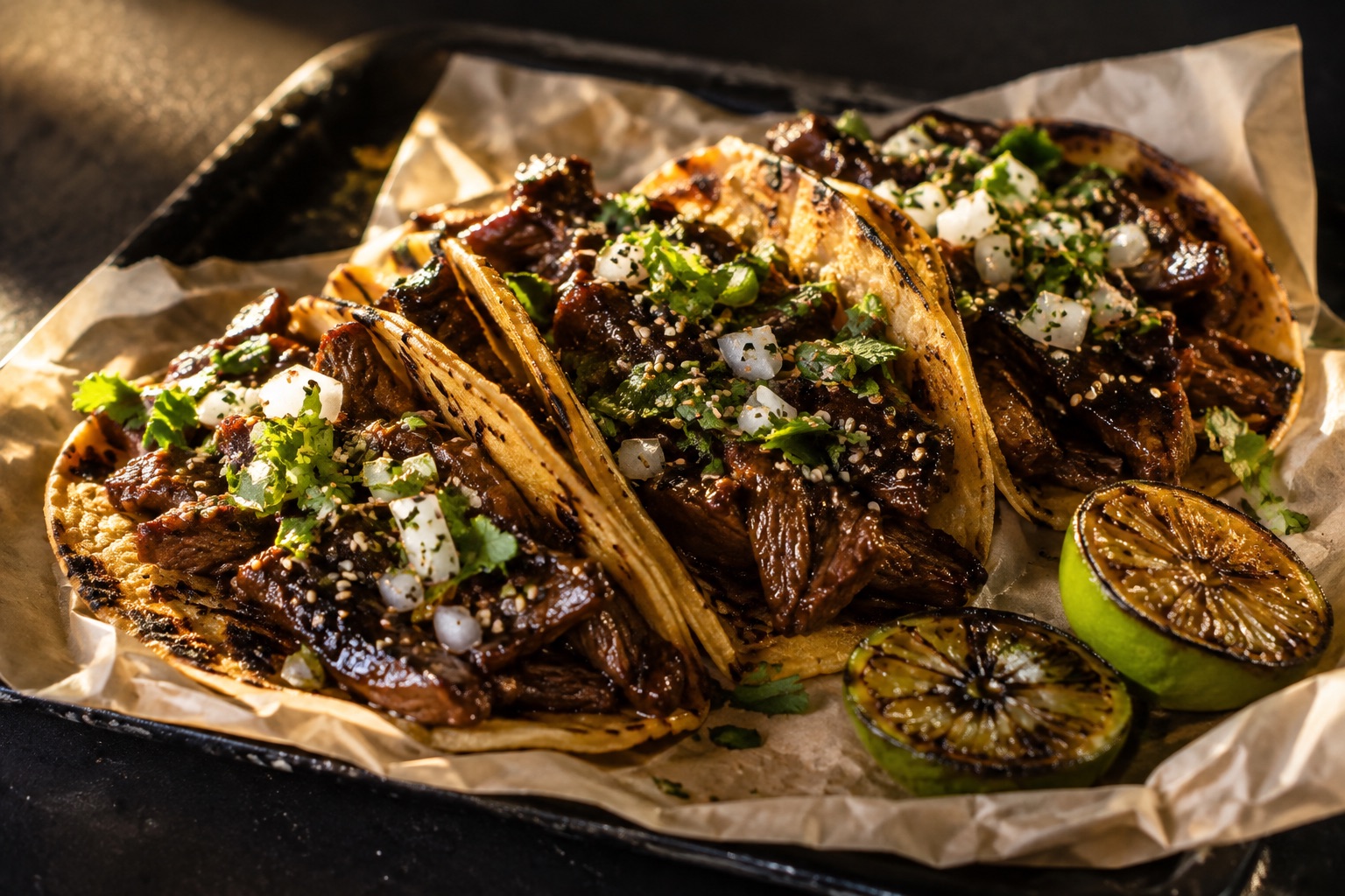 Illustrative mockup of teriyaki beef street tacos with lime